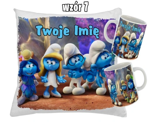Zestaw SMERFY KUBEK + PODUSZKA RÓŻNE WZORY + IMIĘ UNIKALNY WYJĄTKOWY