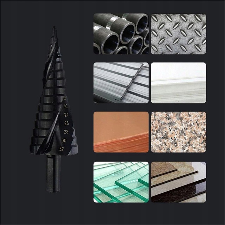 3x SPIRALNE Wiertło stożkowe stopniowe HSS do metalu drewna 4-32MM