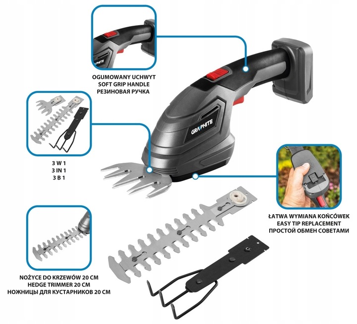 GRAPHITE NOŻYCE SEKATOR TRYMER TRAWY KRZEWÓW 3w1 AKUMULATOWOY 18V ENEGRY+