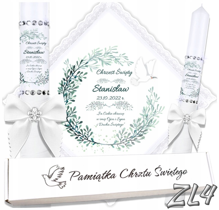 Biała szatka i świeca do chrztu ECO imię i data BOHO gromnica pudełko