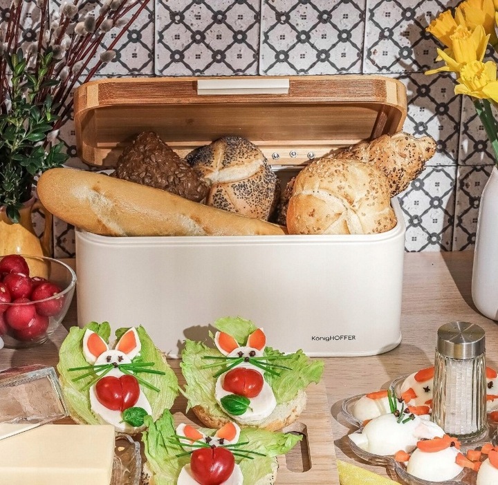 CHLEBAK STALOWY Z POKRYWA BAMBUSOWA POJEMNIK NA PIECZYWO CHLEB BUŁKI