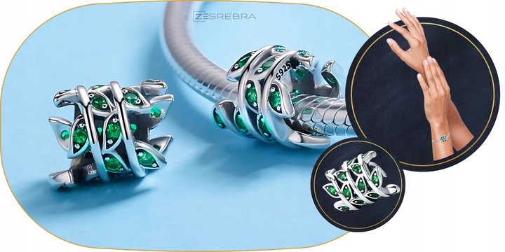 CHARMS ZIELONE LISTKI srebro 925 pnącze srebrne koralik zawieszka liście