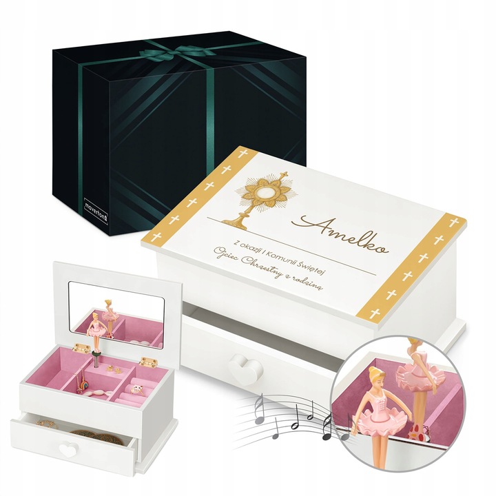 Pamiątka Komunii Świętej Prezent Komunia Szkatułka Pozytywka z Szufladką