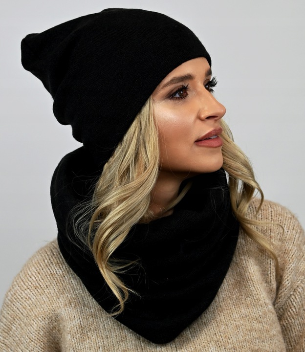 POLSKI Komplet CZAPKA + KOMIN Tunel Szal - CZARNY komplet damski na