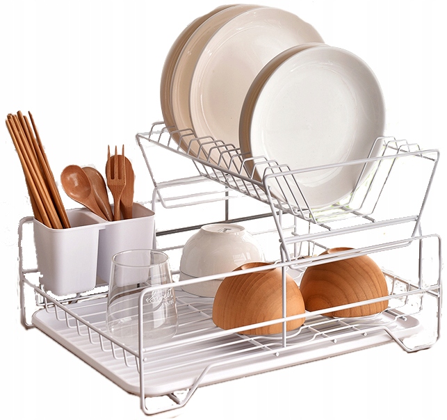 SUSZARKA DO NACZYŃ STOJĄCA BIAŁA DWUPOZIOMOWA OCIEKACZ Z TACKĄ W