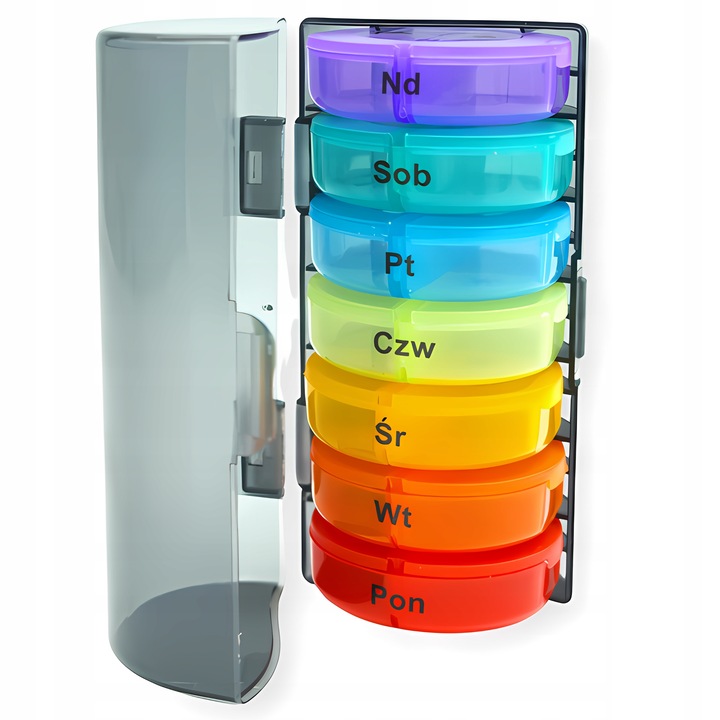 POJEMNIK PUDEŁKO KASETKA ORGANIZER NA LEKI 7 DNI POLSKIE NAPISY