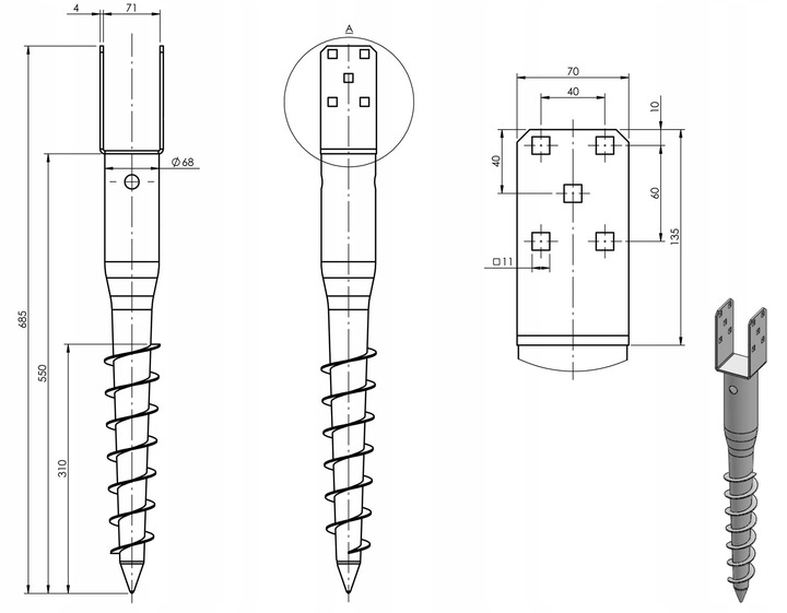 Podstawa słupa - wkręcana do ziemi - PWU 70x685x1,8