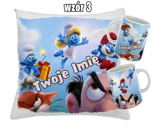 Zestaw SMERFY KUBEK + PODUSZKA RÓŻNE WZORY + IMIĘ UNIKALNY WYJĄTKOWY