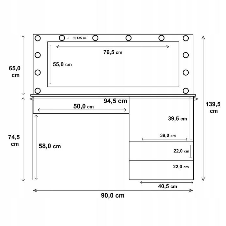 TOALETKA KOSMETYCZNA 90cm BIAŁA Z LUSTREM I OŚWIETLENIEM LED STORMY