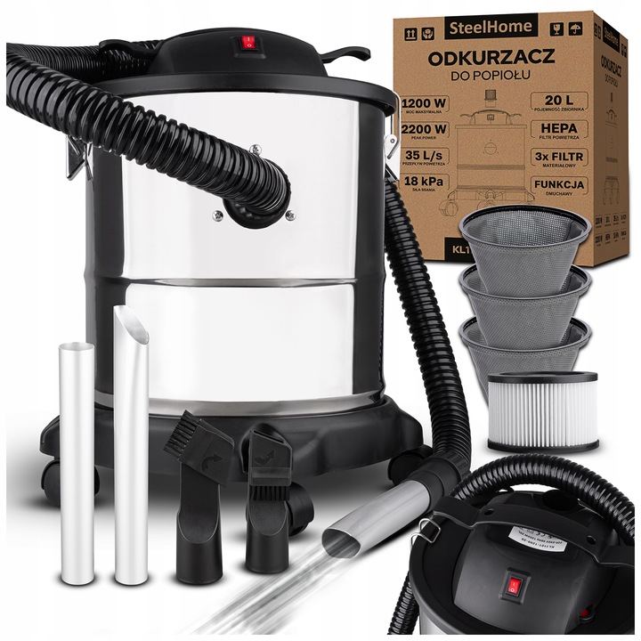 ODKURZACZ PRZEMYSŁOWY DO POPIOŁU PIECA KOMINKA 20L HEPA 2200W +