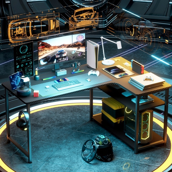 Biurko Gamingowe Narożne z półką i portem ładowania USB na Czarnym