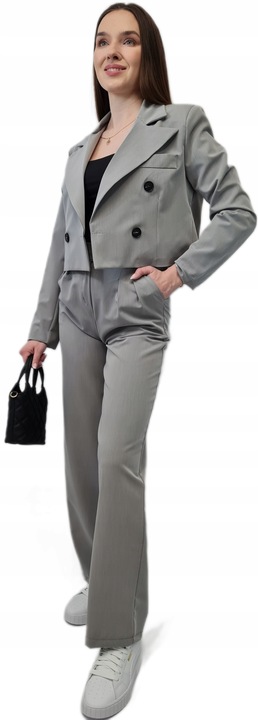 Nowoczesny GARNITUR DAMSKI Szary, Krótka Marynarka i Szerokie Spodnie, r.M
