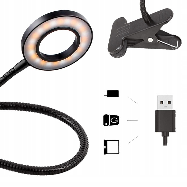 LAMPKA LED BIURKOWA KLIPS DO CZYTANIA USB 3 ODCIENIE ŚWIATŁA REGULACJA 360