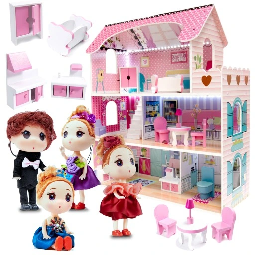 DOMEK DLA LALEK DREWNIANY XXXL RÓŻOWY ŚWIATŁO LED MEBELKI + 4 LALECZKI