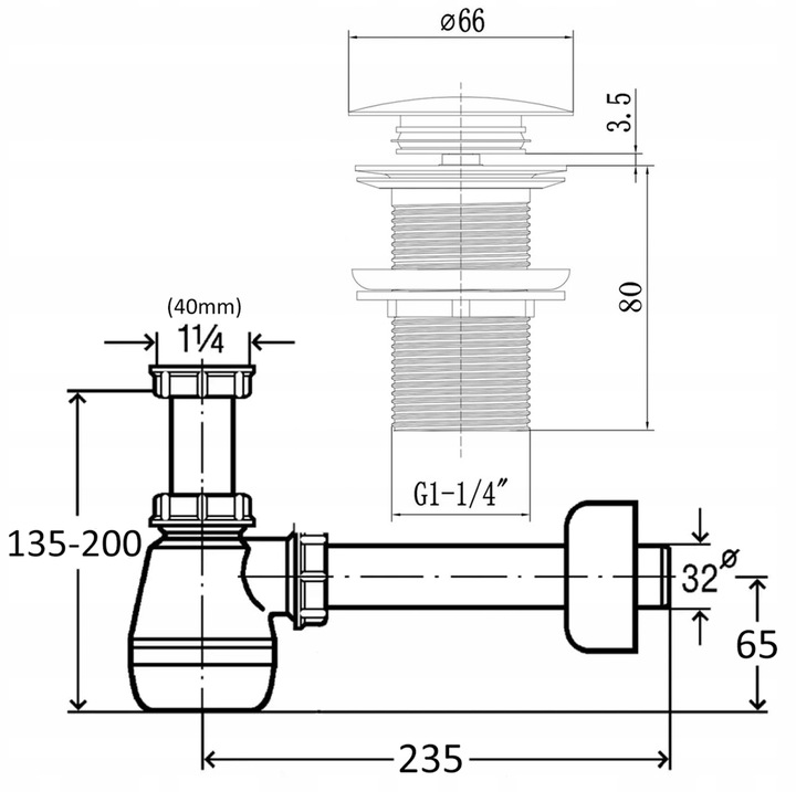 ZESTAW: KOREK KLIK-KLAK BEZ PRZELEWU CZARNY + SYFON UMYWALKOWY DO UMYWALKI