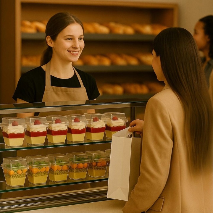 Pucharki plastikowe do deserów i przekąsek 200 ml kwadrat z pokrywką 50szt