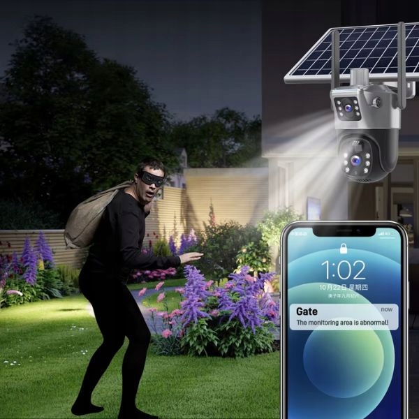 Solarna Zewnętrzna kamera dwa obiektywy 4K HD 8MP Karta SIM 4G LTE