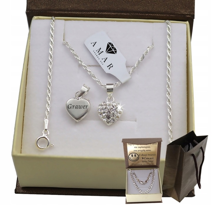 SREBRNY PEŁNY ŁAŃCUSZEK DAMSKI KORDEL SERCE PR. 925 + GRAWER GRATIS