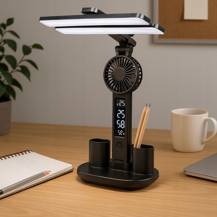 LAMPKA NA BIURKO BIURKOWA NOCNA LED z wiatrakiem zegarem szkolna