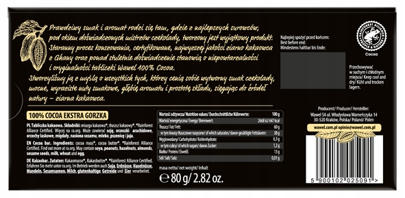 3x Czekolada Gorzka Ekstra Bez Dodatku Cukru Premium 100% cocoa 80g Wawel