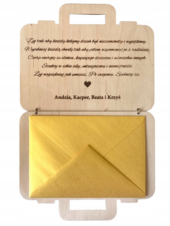 Prezent na urodziny DREWNIANA KARTKA GRAWER personalizowana walizka