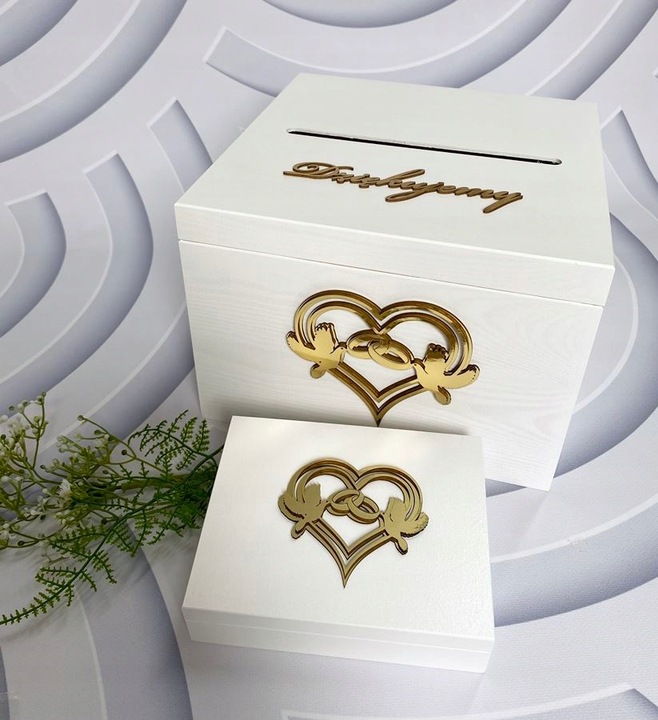 Pudełko na koperty + obrączki białe złote dekory