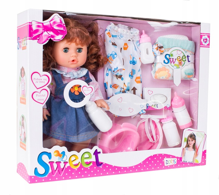 Interaktywna LALKA BOBAS dziewczynka długie włosy AKCESORIA nocnik ubranko