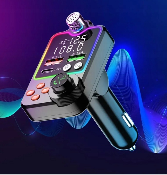 TRANSMITER FM ZESTAW GŁOŚNOMÓWIĄCY BT 5.0 ŁADOWANIE QC 3x USB PD RGB