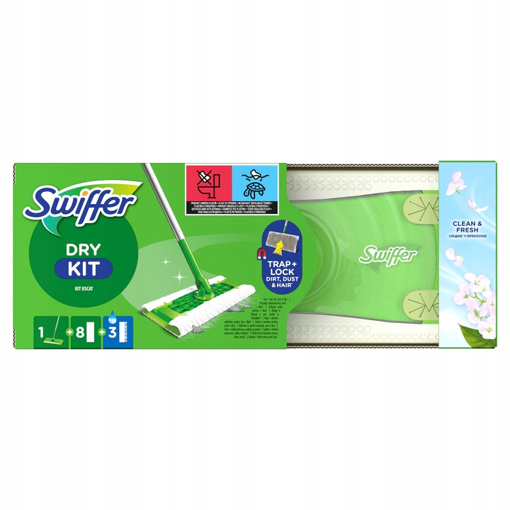 Zestaw Swiffer Dry+Wet Kit do kurzu + Mokre chusteczki do podłóg 20 sztuk