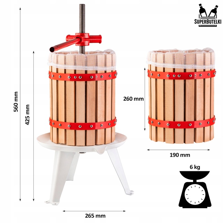PRASA ŚRUBOWA RĘCZNA do OWOCÓW WINA SOKÓW OLIWY 6 L WYCISKARKA NIERDZEWNA