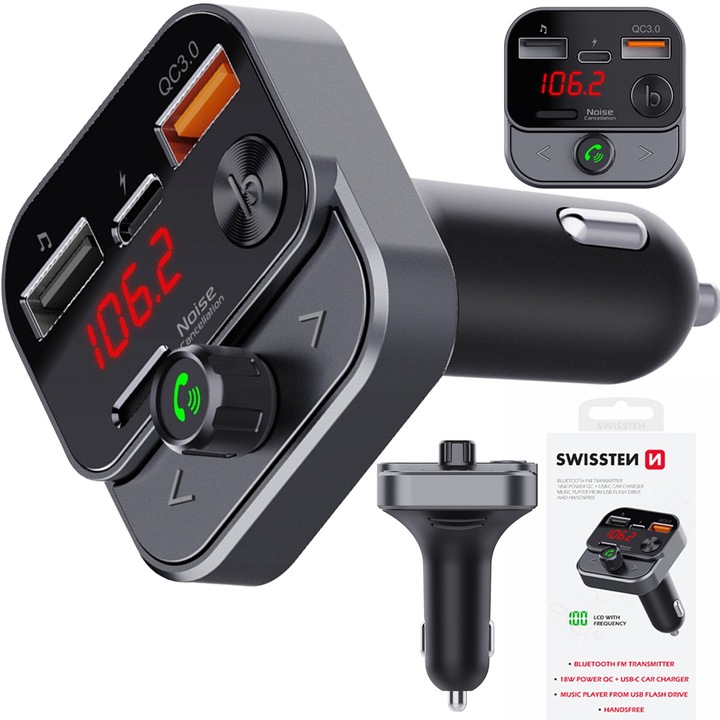 SWISSTEN Transmiter FM Bluetooth USB-A na PENDRIVE SZYBKA ŁADOWARKA USB-C