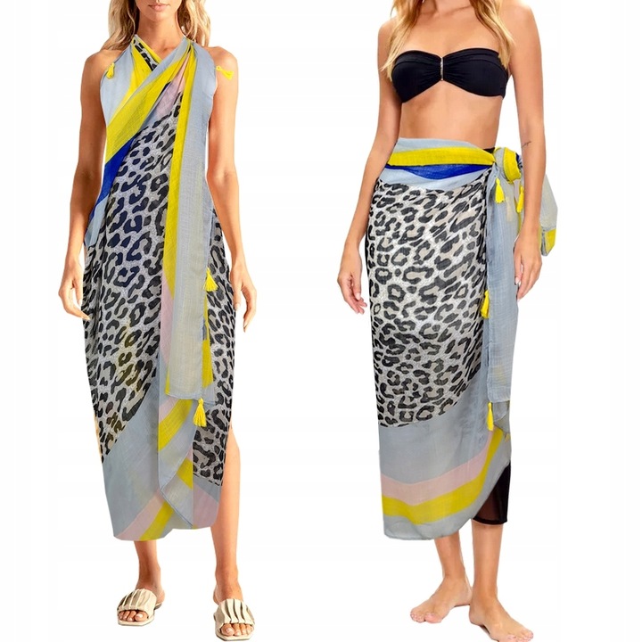 PAREO CHUSTA PLAŻOWA FRĘDZLE narzutka tunika SZAL W PANTERKĘ - modne KOLORY