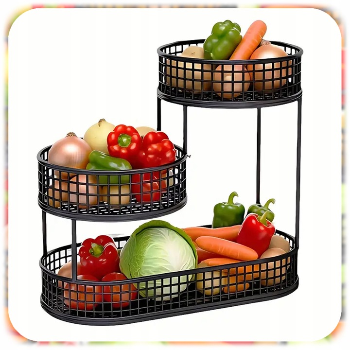 KOSZ NA OWOCE WARZYWA 3 POZIOMOWY METALOWY CZARNY KOSZYK STOJAK