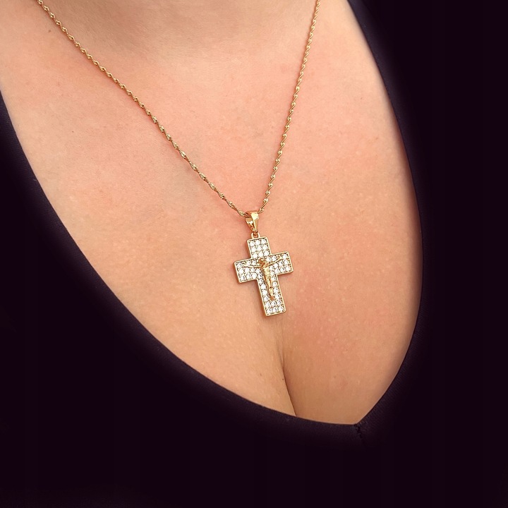 ZŁOTY ŁAŃCUSZEK MĘSKI ROMBO + KRZYŻYK 18K 50 CM PREZENT DLA NIEGO + GRATISY