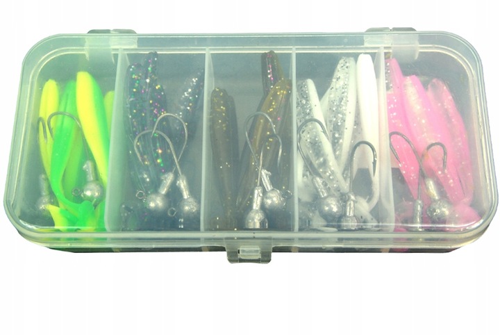 ZESTAW na spinning 25 PRZYNĘT FL 10 główek+ PUDEŁKO OKOŃ SZCZUPAK M 5,5cm