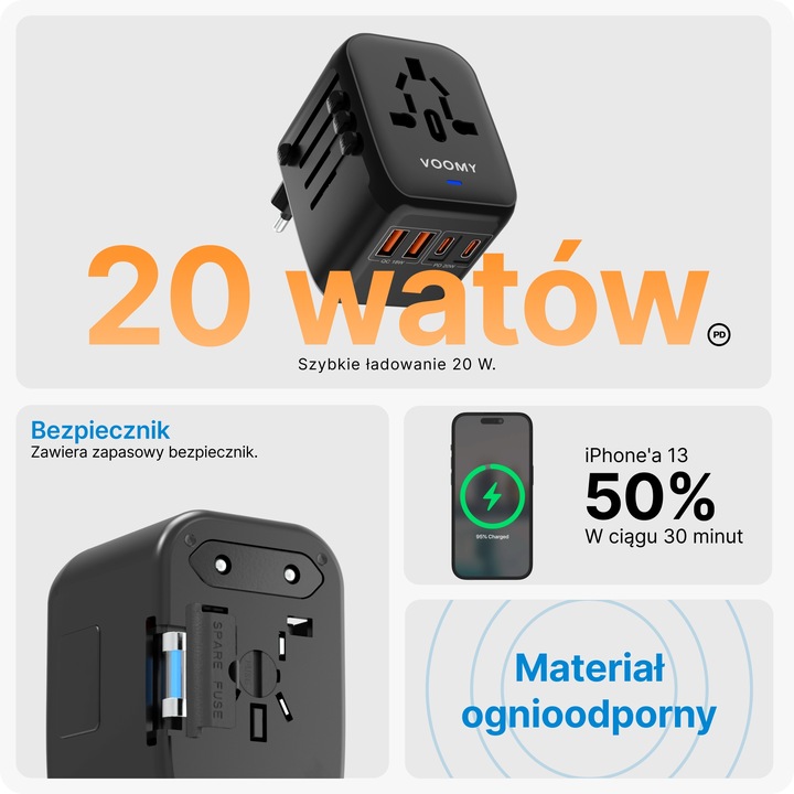 Wtyczka światowa VOOMY - 170+ krajów, 20W, 2 USB-C & 2 USB-A, Czarna