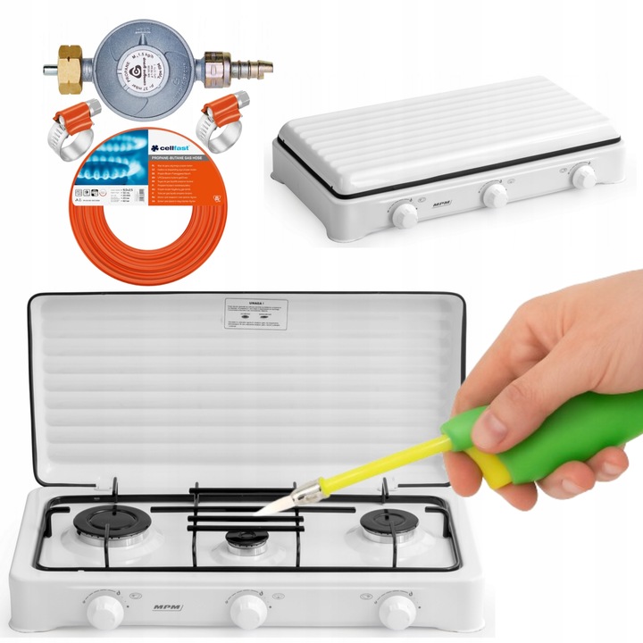 Kuchenka gazowa 3-palnikowa MPM + Reduktor z zabezpieczeniem + Wąż 2m