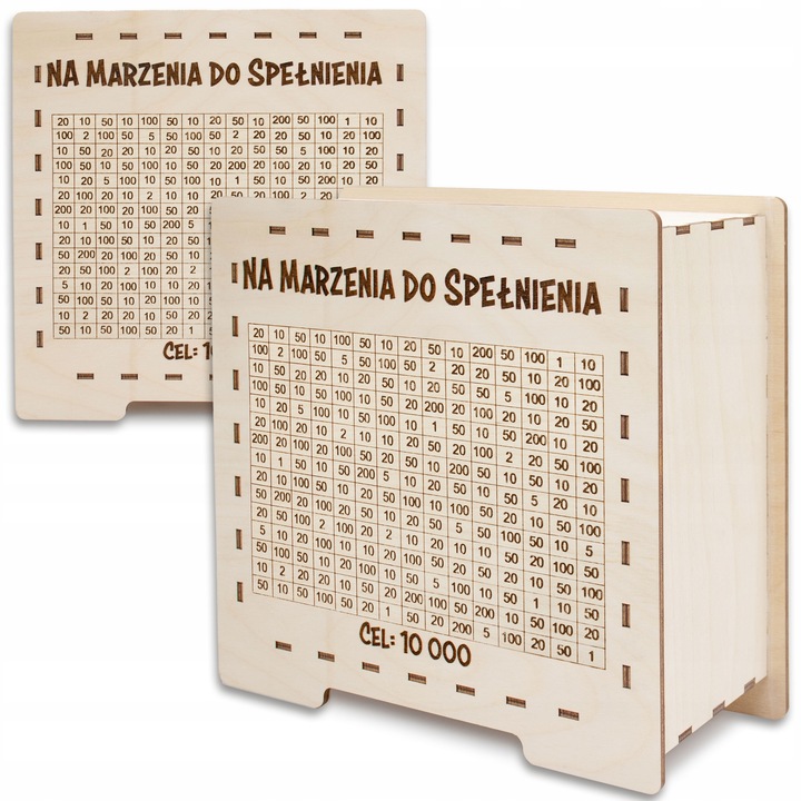 DREWNIANA SKARBONKA WYKREŚLANA PREZENT DOWOLNY NAPIS OSZCZĘDZANIE PIENIĘDZY