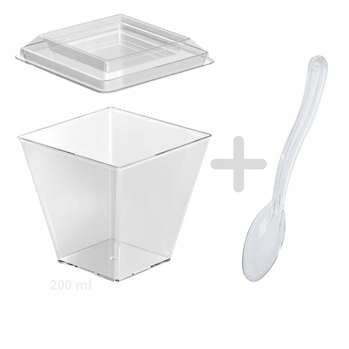 Pucharki plastikowe do deserów przekąsek 200ml z pokrywką i łyżeczką