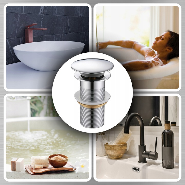 KOREK UMYWALKOWY AUTOMATYCZNY KLIK KLAK AUTO BEZ PRZELEWU SREBRNY