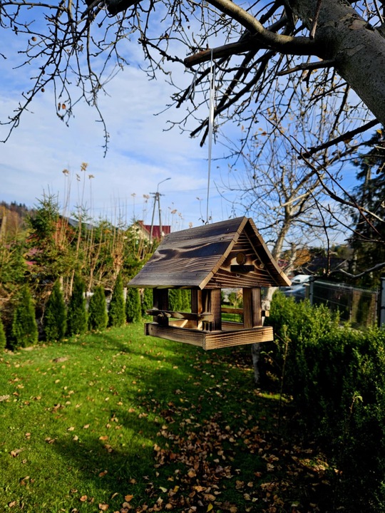 Drewniany KARMNIK XXL DLA PTAKÓW Solidny karmik opalane drewno