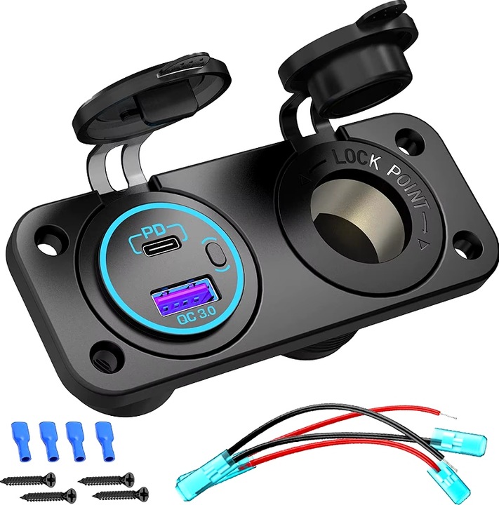 GNIAZDO ZAPALNICZKI Ładowarka samochodowa Szybkie ładowanie QC PD ON OFF N