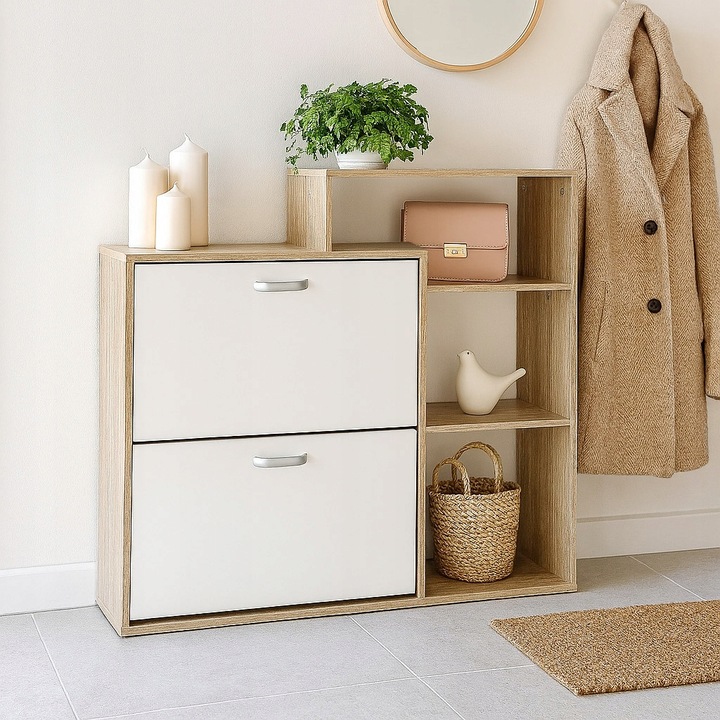 SZAFKA NA BUTY OBUWIE WĄSKA BIAŁA DĄB SONOMA Z REGAŁEM PÓŁKI DO