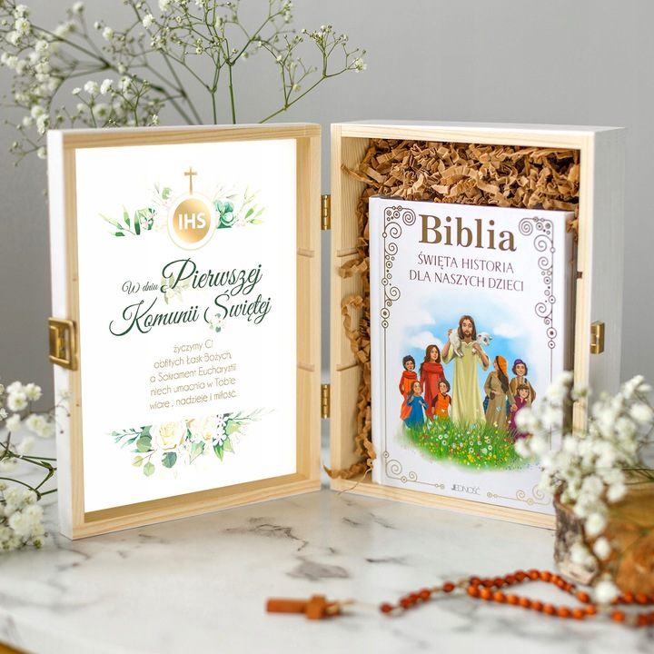 PAMIĄTKA KOMUNII ŚWIĘTEJ BIBLIA W PUDEŁKU PREZENT NA KOMUNIĘ UPOMINEK