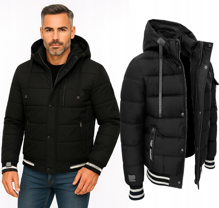 KURTKA MĘSKA Z KAPTUREM PUCHOWA OCIEPLANA ZIMOWA PIKOWANA CZARNA