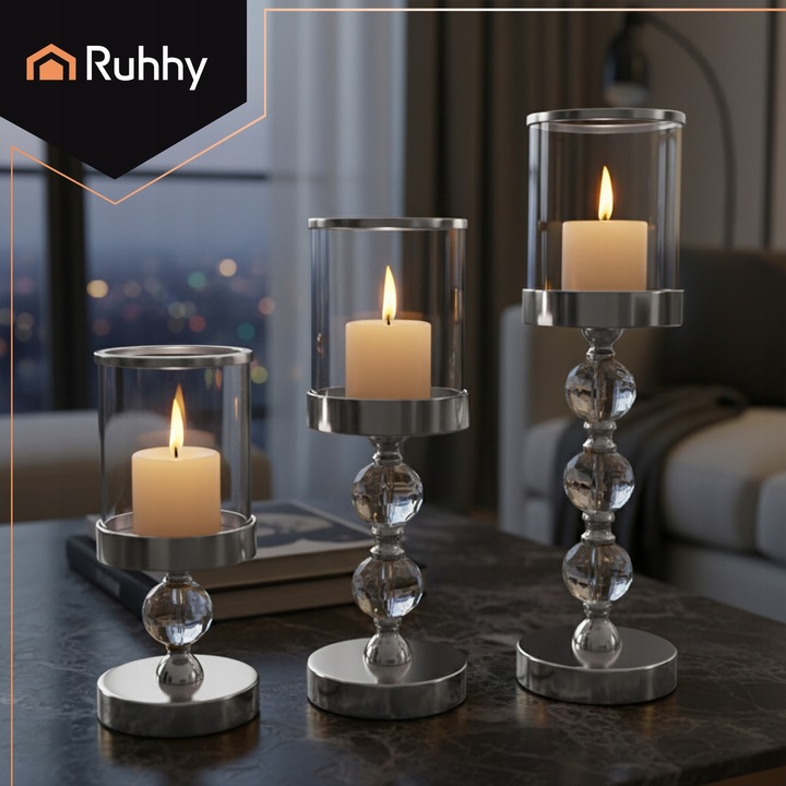 Świecznik Szklany Lampion Zestaw 1-2-3 Świeczniki na Nodze Srebrne