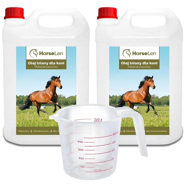 Olej lniany dla koni 10L z miarką do odmierzania oleju kubek