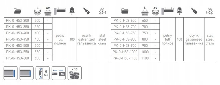 PROWADNICA KULKOWA GTV DO SZUFLADY H53 L500 100KG PEŁNY WYSUW MOCNA