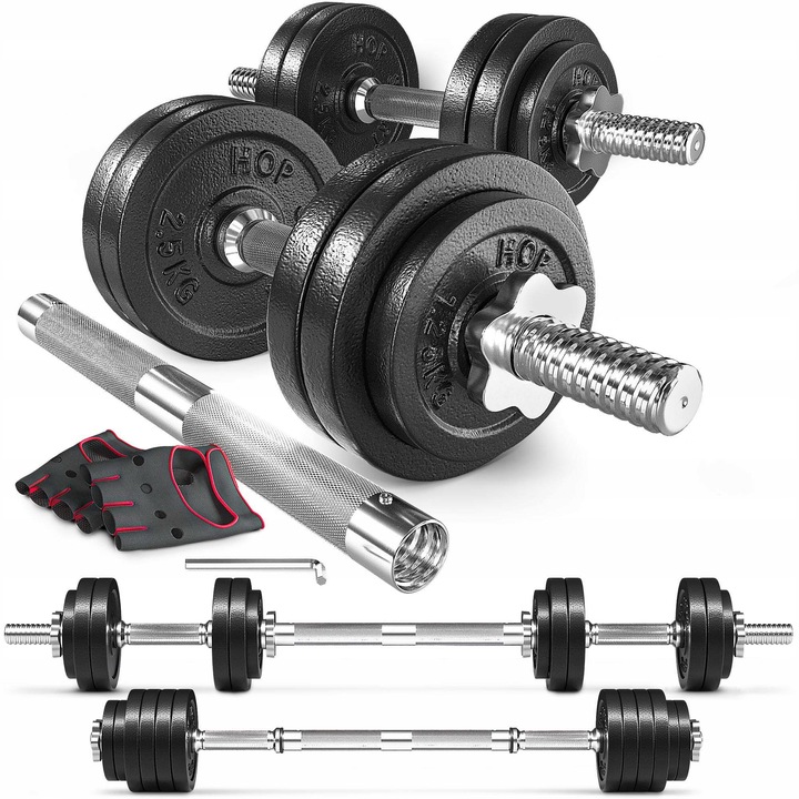 Hantle żeliwne 2x15kg zestaw z przedłużanym gryfem ryflowanym +