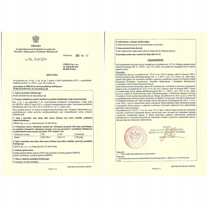 PŁYN DO DEZYNFEKCJI RĄK I SKÓRY PURE HANDS 70% 5l